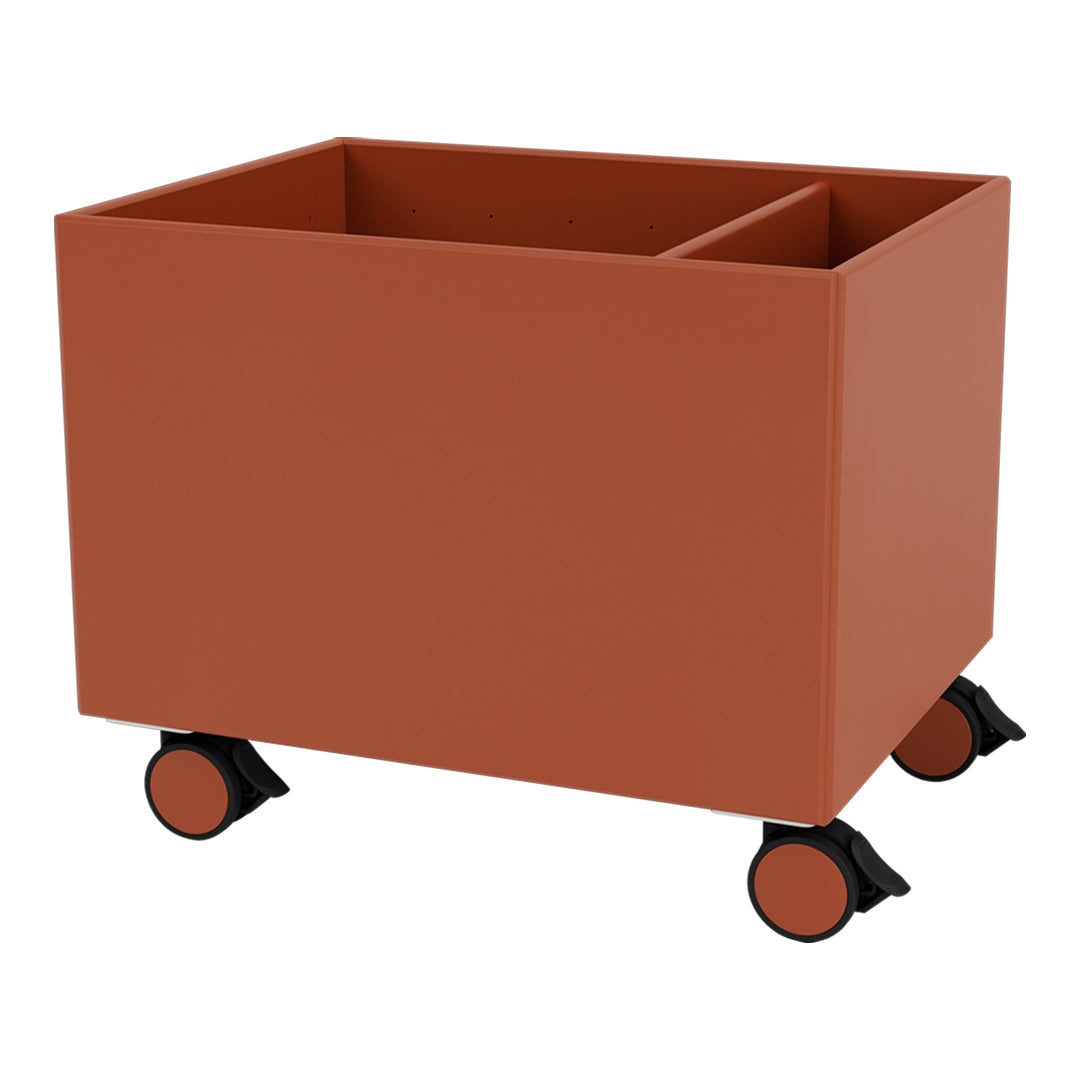 Rust-orange storage bin on wheels with a sleek, modern design and two compartments. Ideal for organizational needs.