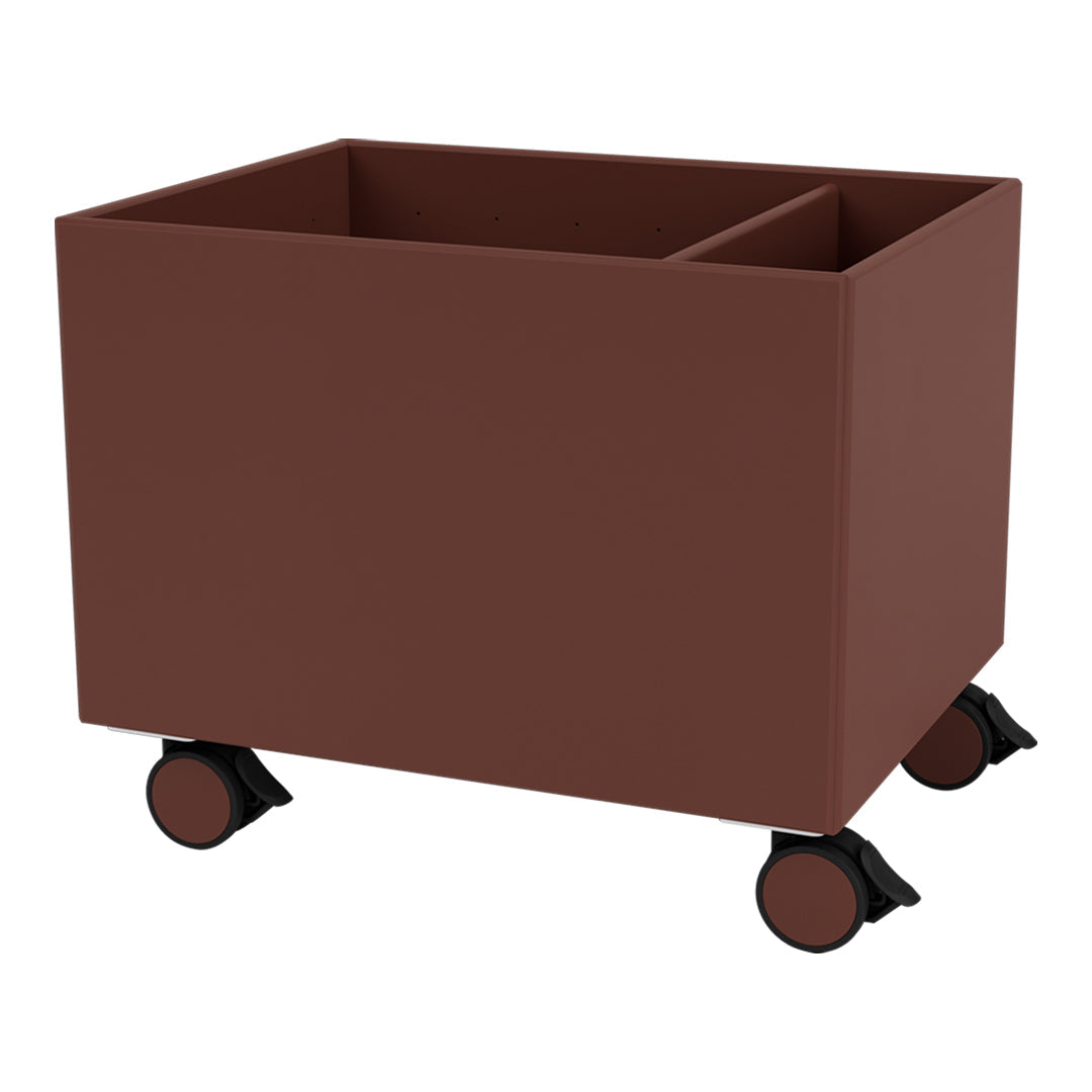 Rectangular storage container in deep brown with smooth surface and black wheels, featuring a minimalist design.