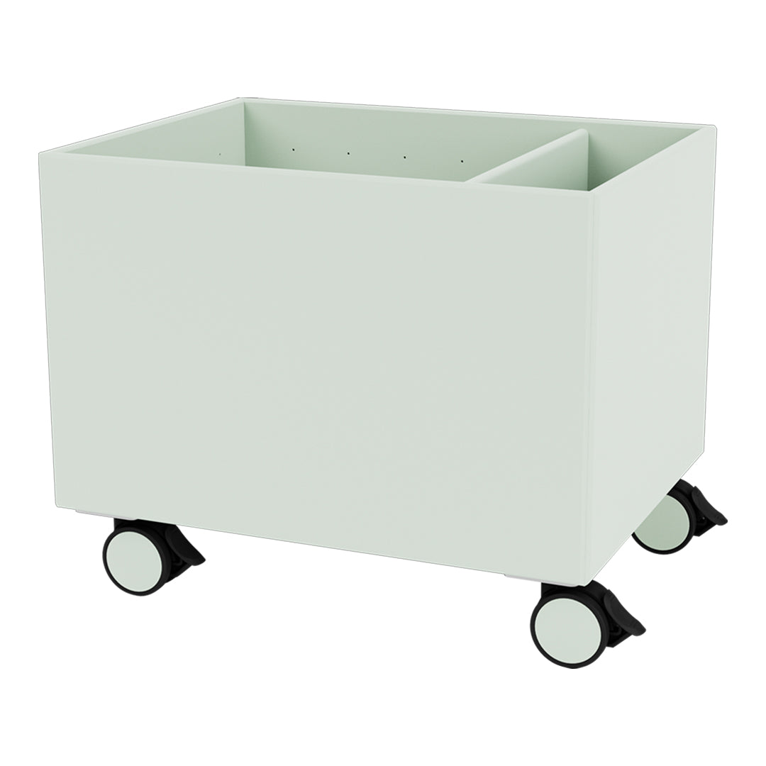 Light green storage cart with a minimalist design and black wheels, featuring a two-compartment layout.