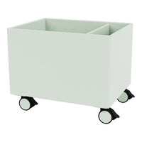 Light green storage cart with a minimalist design and black wheels, featuring a two-compartment layout.