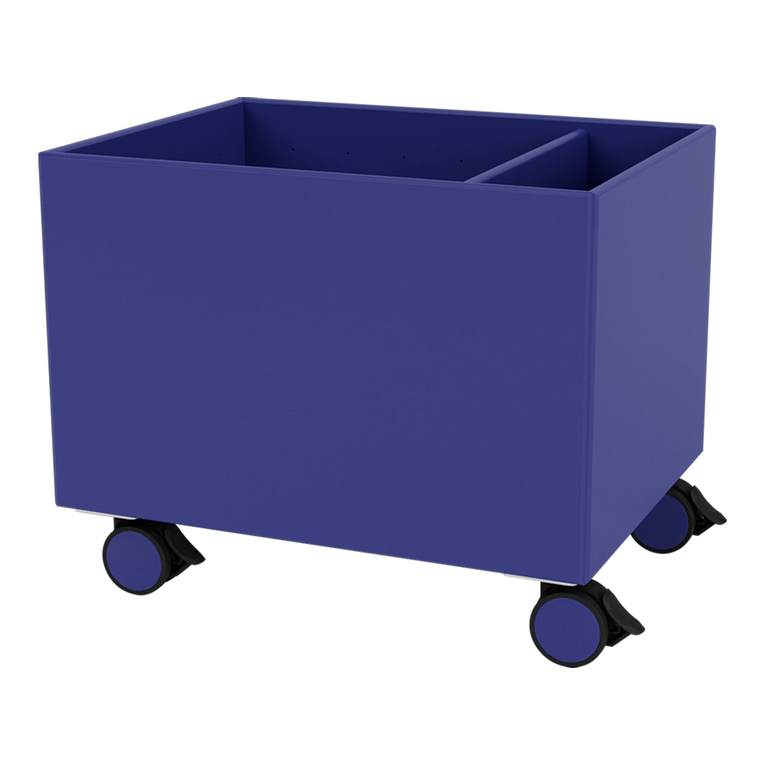 "Vibrant purple rectangular storage bin on wheels with solid color and sleek design."