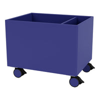"Vibrant purple rectangular storage bin on wheels with solid color and sleek design."