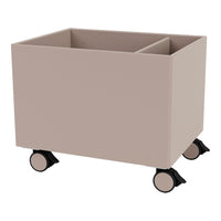 Beige storage bin on wheels with a simple design and neutral color, ideal for organizing any space.