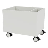 White storage bin on wheels, featuring a minimalist design with sleek, smooth surfaces and black accents.