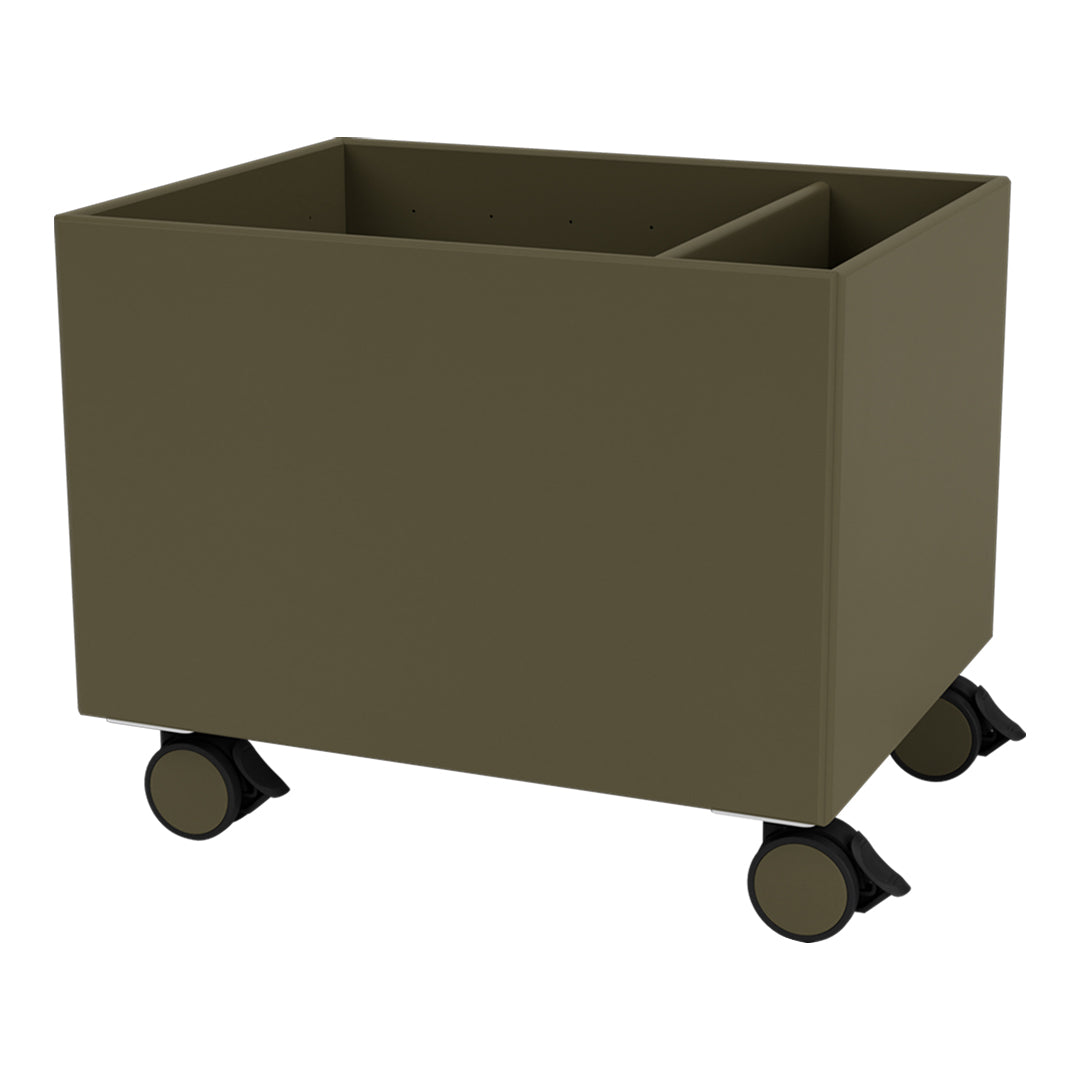 Olive green storage bin on wheels with a sleek, modern design and two compartments for organization.