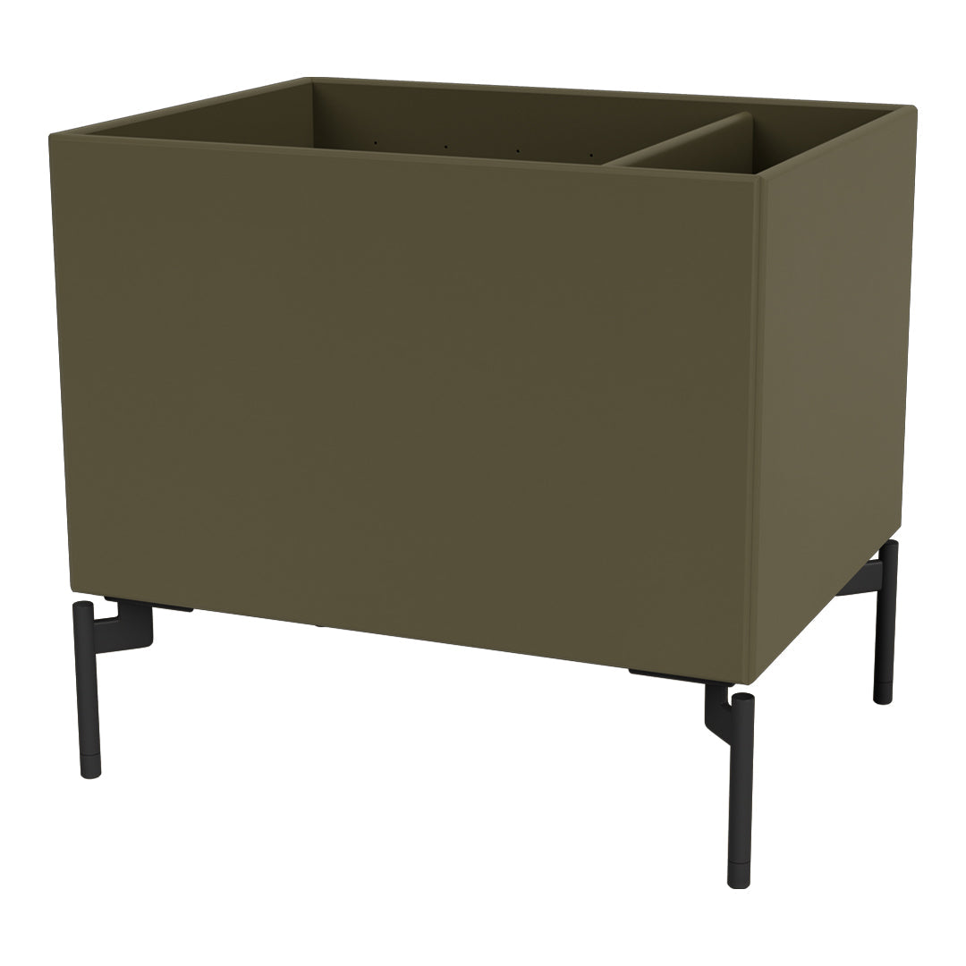 Olive green planter with a minimalist design, featuring a sleek black metal stand for modern decor.