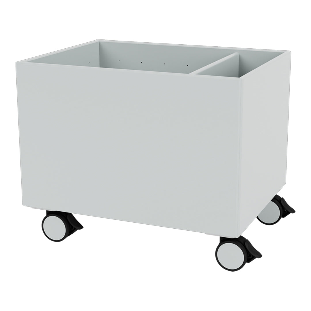 Gray storage cart with a modern design, featuring a smooth finish and black wheels for easy mobility.