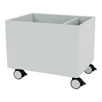 Gray storage cart with a modern design, featuring a smooth finish and black wheels for easy mobility.