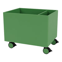 Green storage cart with a smooth finish and black wheels, featuring two spacious compartments. Perfect for organizing spaces.