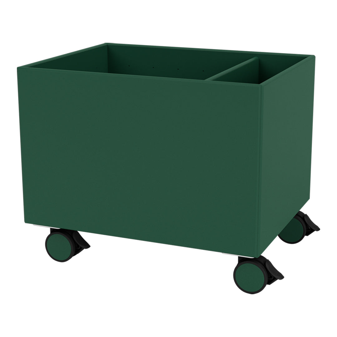 Green storage cart with a smooth, matte finish and black wheels for easy mobility. Perfect for organizing any space.