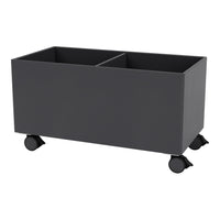 Gray storage bin on wheels with a sleek, minimalist design and two compartments for easy organization.
