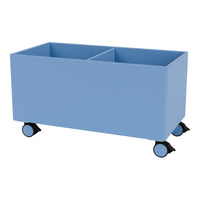 Light blue storage bin on wheels with a simple, modern design and two divided sections.