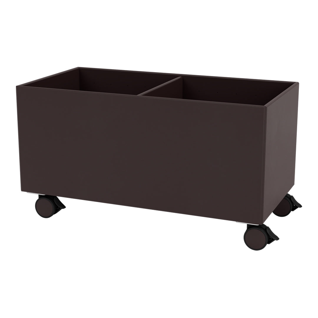 Dark brown rectangular storage bin with two compartments and black wheels for easy mobility.