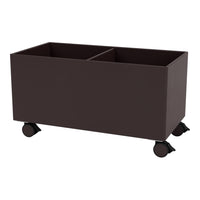 Dark brown rectangular storage bin with two compartments and black wheels for easy mobility.