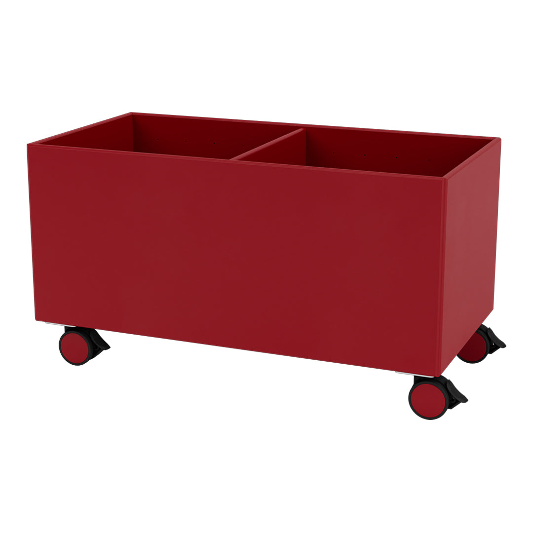 Red storage bin on wheels with a smooth, matte finish and no patterns, featuring two compartments for organization.