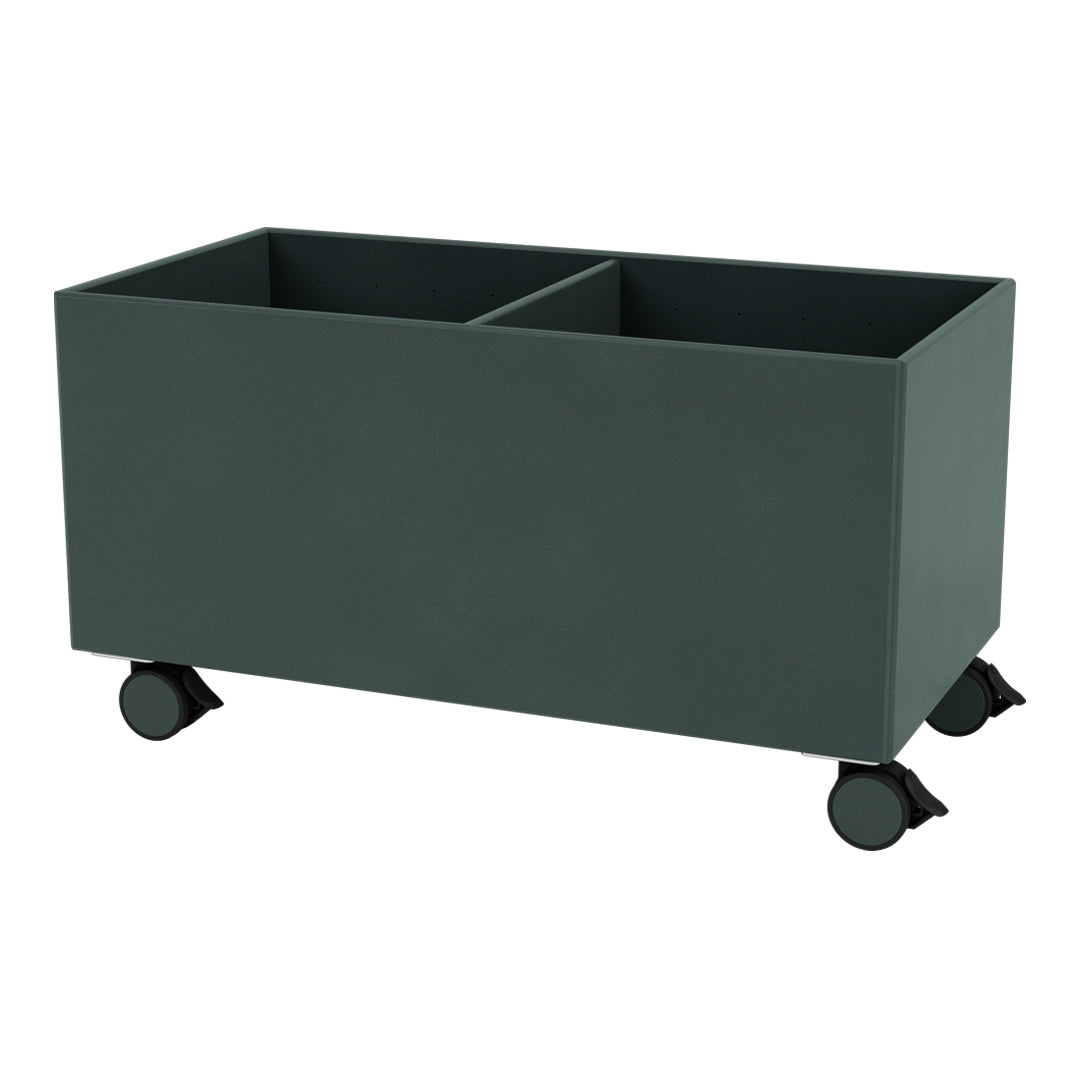 Dark green storage bin with a sleek, minimalist design and two compartments on wheels for easy mobility.