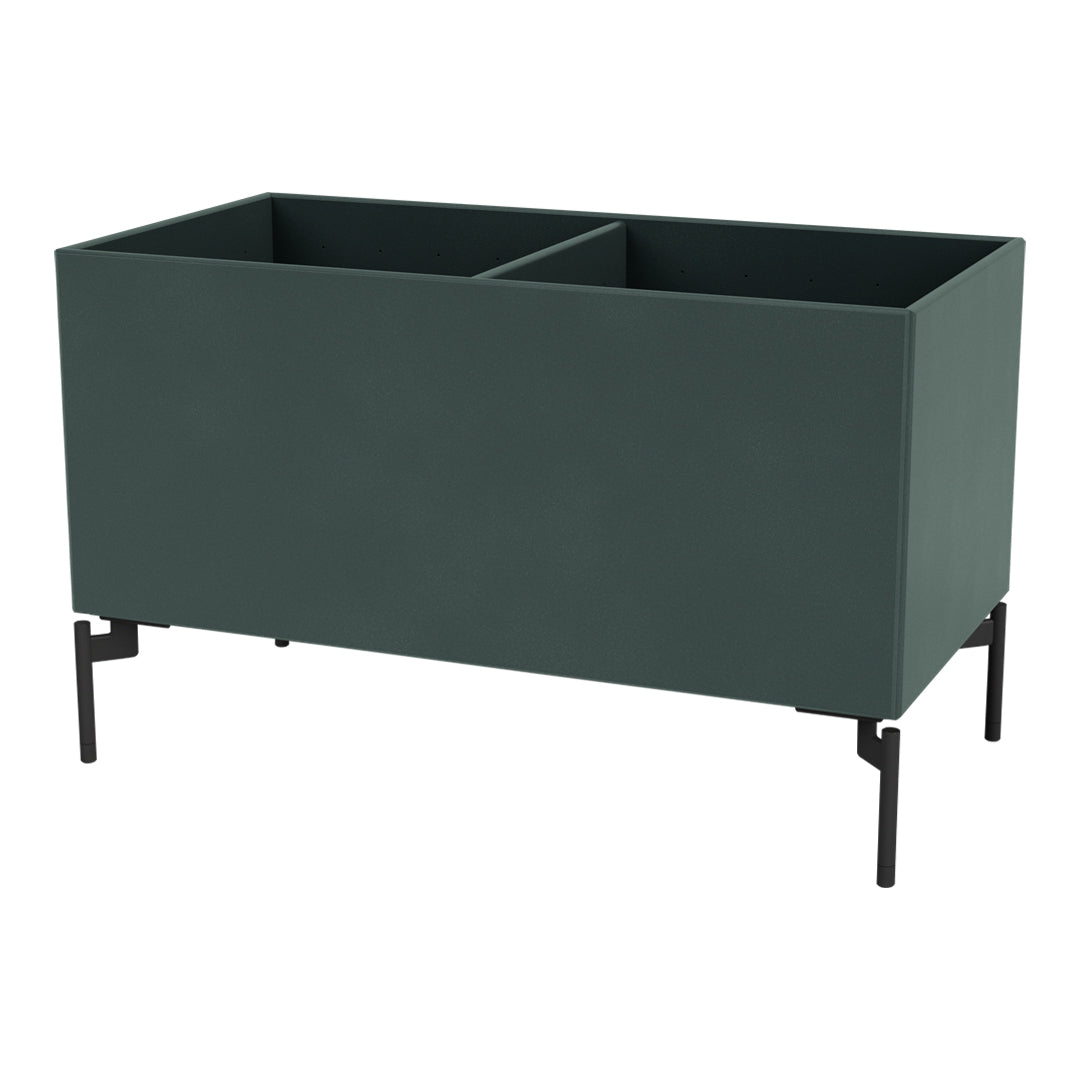 Dark green rectangular planter box with a smooth matte finish and black metal legs. Ideal for modern outdoor spaces.