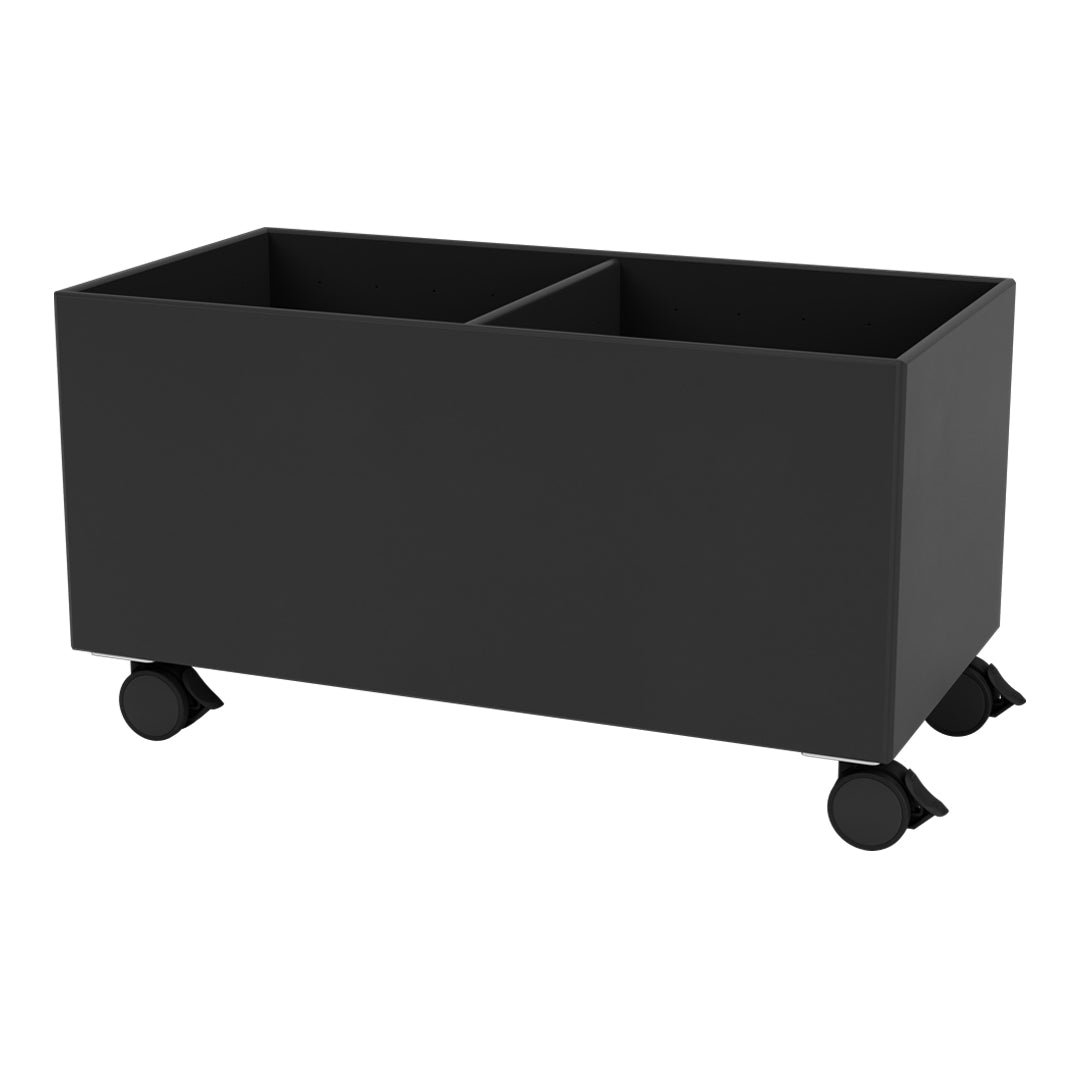 Black storage bin on wheels with a sleek, modern design featuring two compartments and a matte finish.