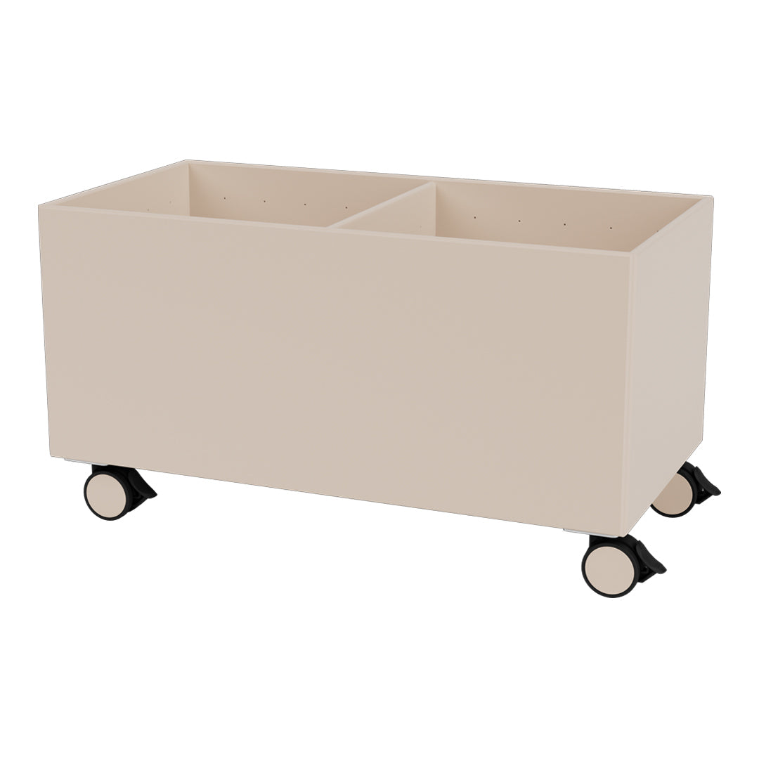 Light beige storage cart with two compartments and black wheels, featuring a simple, clean design.