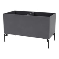 Gray rectangular planter with a matte finish, dual compartments, and sleek black metal legs. 