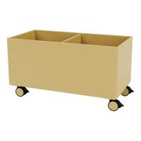 Yellow storage cart with two compartments and black wheels, featuring a sleek, modern design.