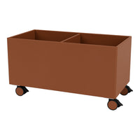 Rust brown storage cart with two compartments and sleek black wheels, perfect for organizing your space.