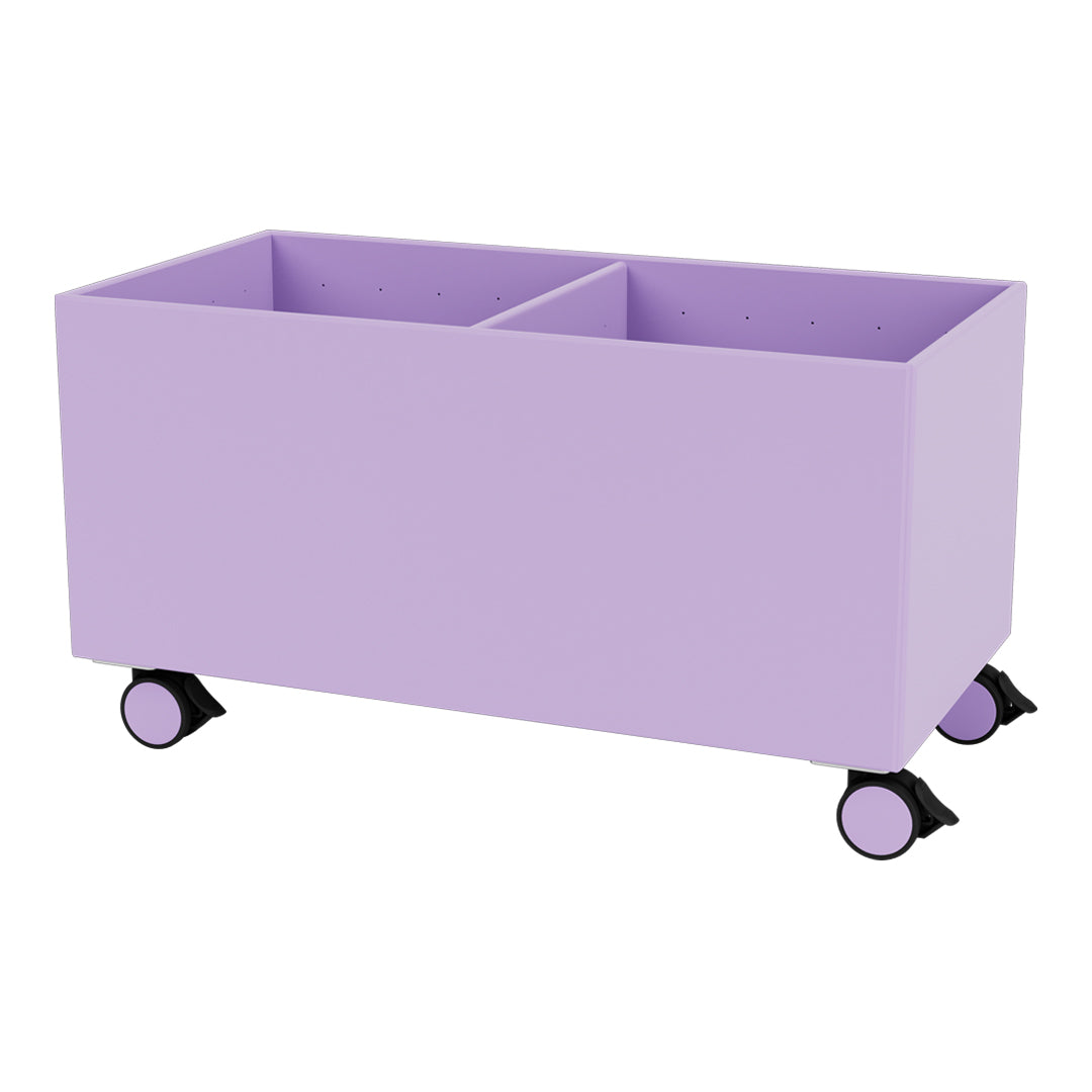 Lavender storage bin with two compartments and black wheels for easy mobility. Modern and minimalistic design.