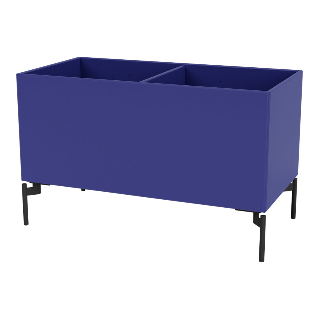 Purple storage bin with a smooth finish and black metal legs, featuring a minimalist design.
