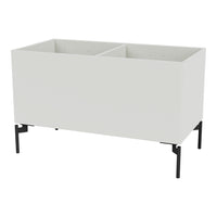 Modern white storage bench with sleek black legs, featuring a minimalist design and smooth surface.