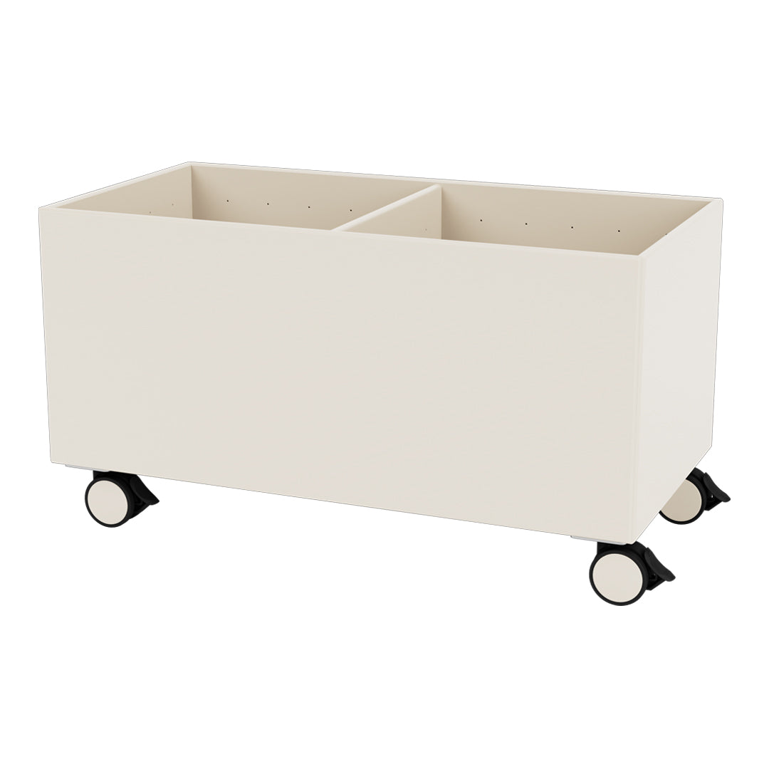Cream-colored storage bin with a smooth finish and black wheels for easy mobility. Ideal for organizing any space.