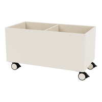 Cream-colored storage bin with a smooth finish and black wheels for easy mobility. Ideal for organizing any space.