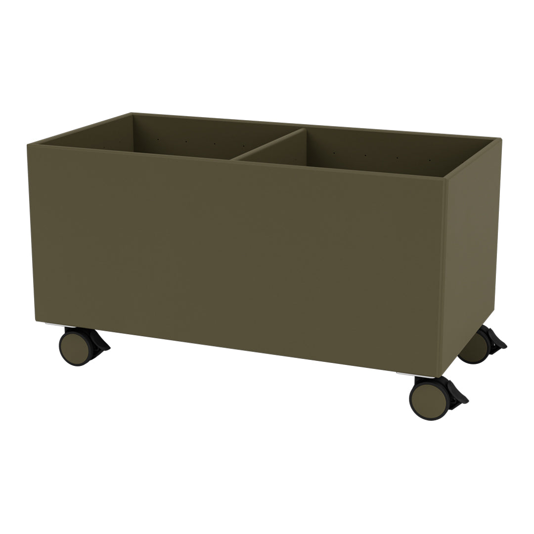 Olive green storage bin with two compartments and black wheels for easy mobility.
