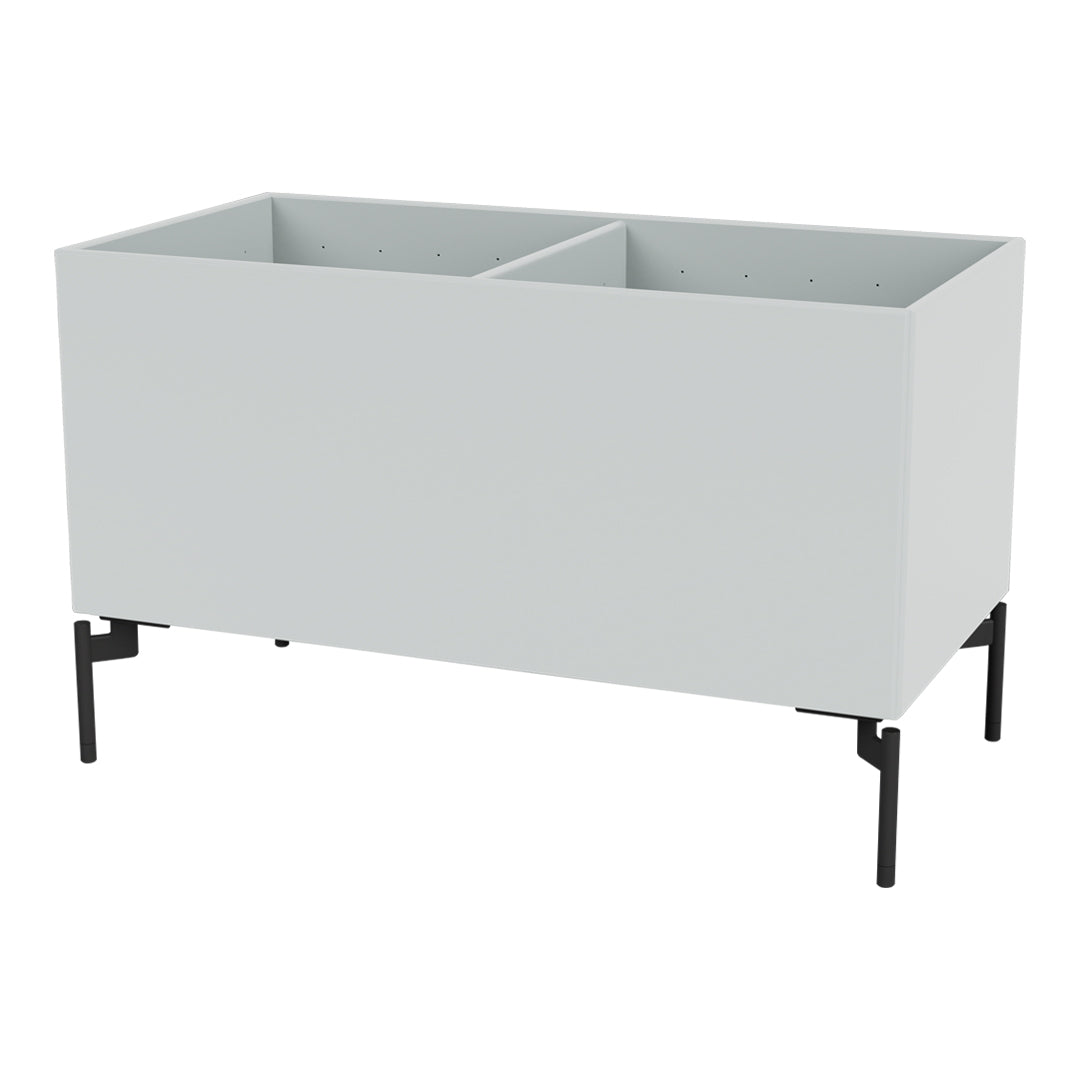 Gray storage cabinet with a sleek design and black metal legs, featuring two open compartments.