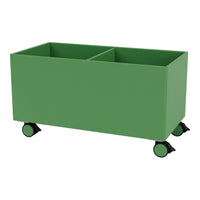 Green storage bin on wheels, featuring a smooth surface and a sleek rectangular design with no visible patterns.