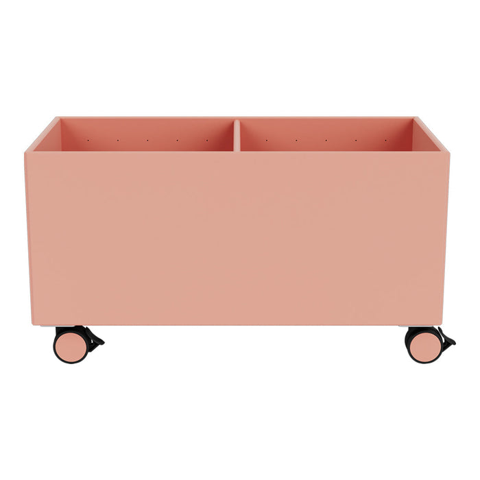 Peach pink storage cart with a smooth finish and black wheels, featuring two divided compartments for organized storage.
