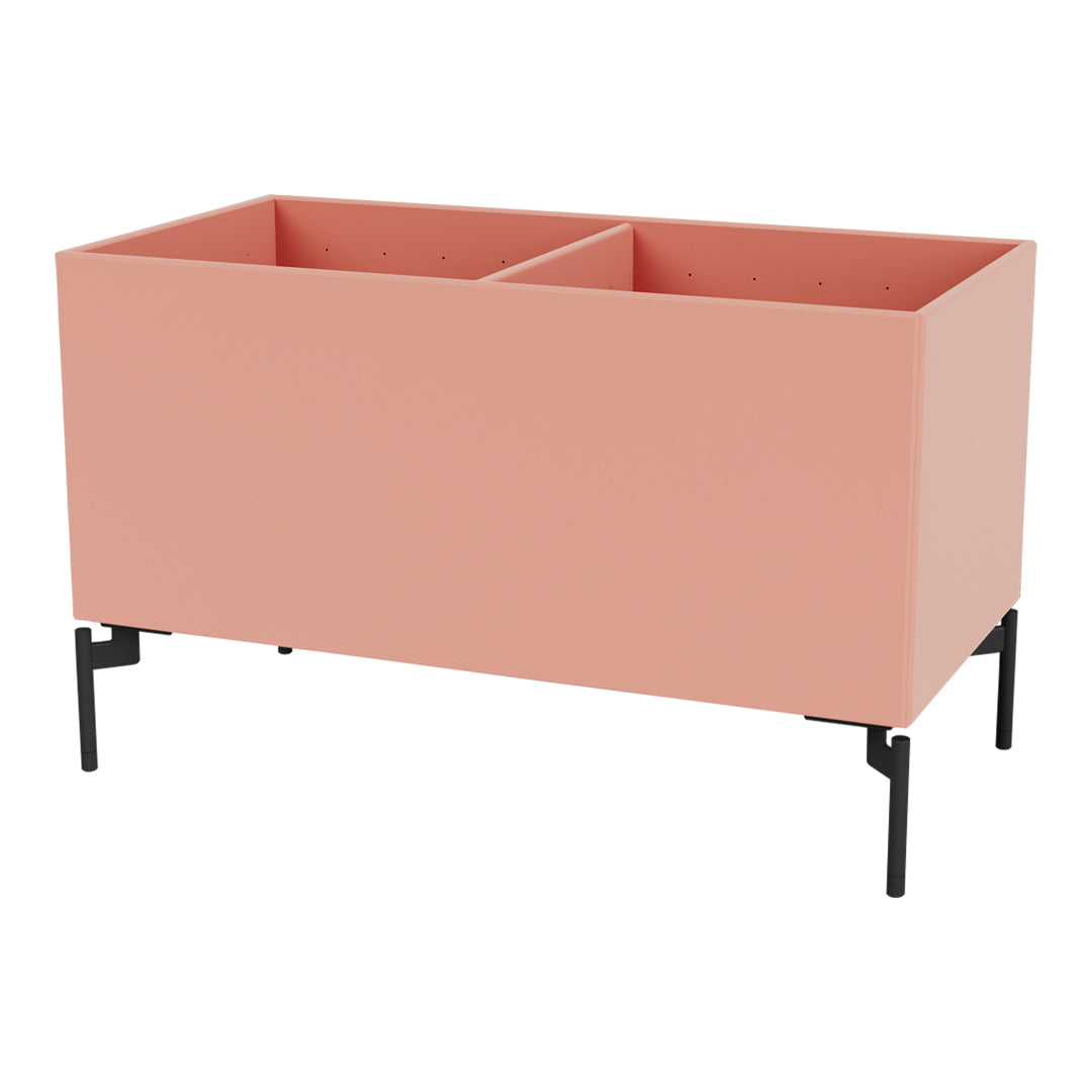 Peach-colored storage box with black legs and simple, modern design featuring two spacious compartments.