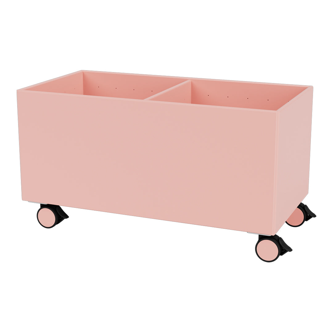 Pink storage bin on wheels, featuring a smooth matte finish and two compartments, perfect for organizing spaces.