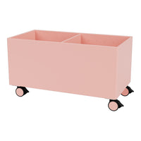 Pink storage bin on wheels, featuring a smooth matte finish and two compartments, perfect for organizing spaces.