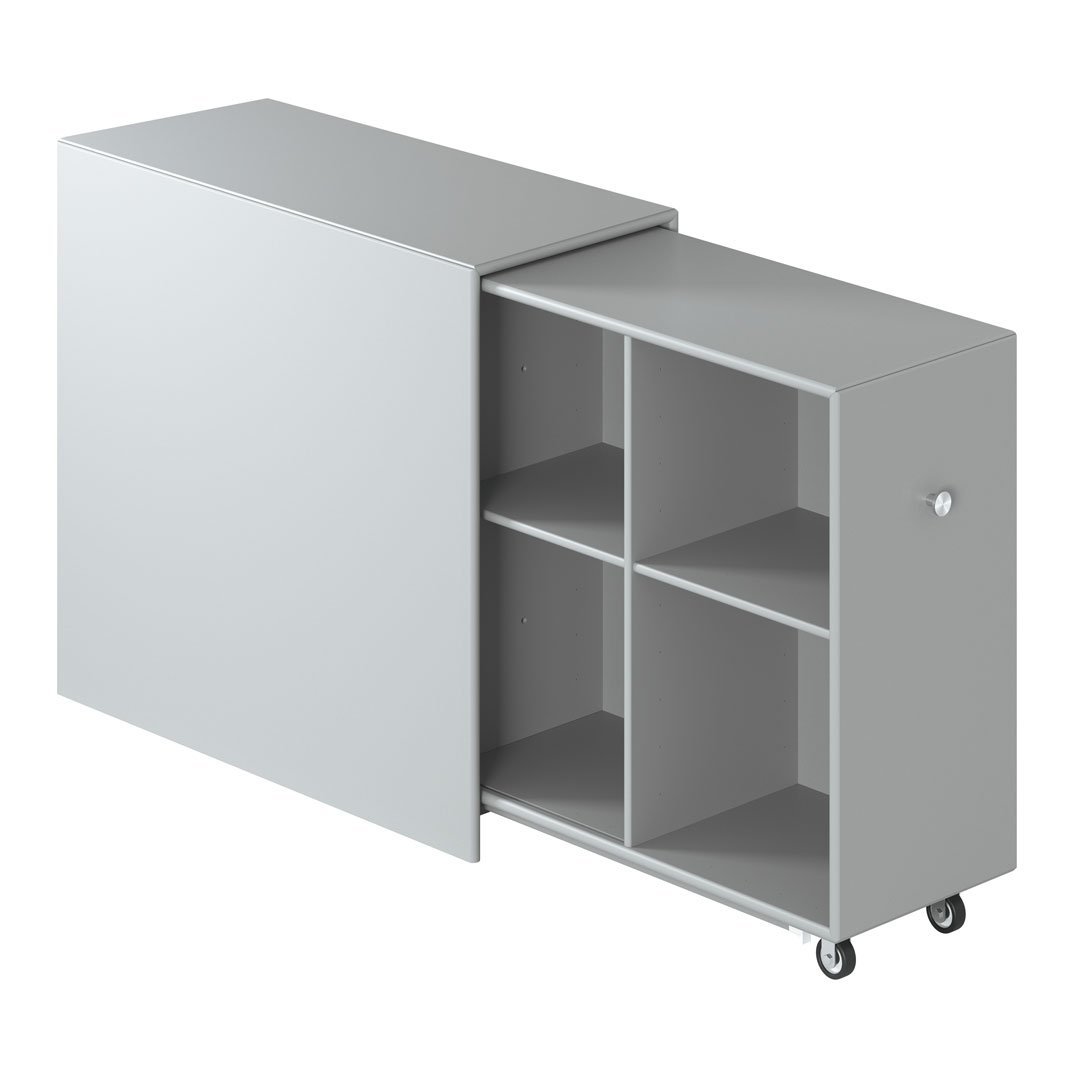 Modern gray cabinet with a smooth finish, featuring a minimalistic design and four open storage compartments.