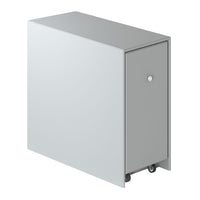 Sleek gray storage cabinet with a minimalist design and smooth surface, featuring a subtle door and wheels for mobility.