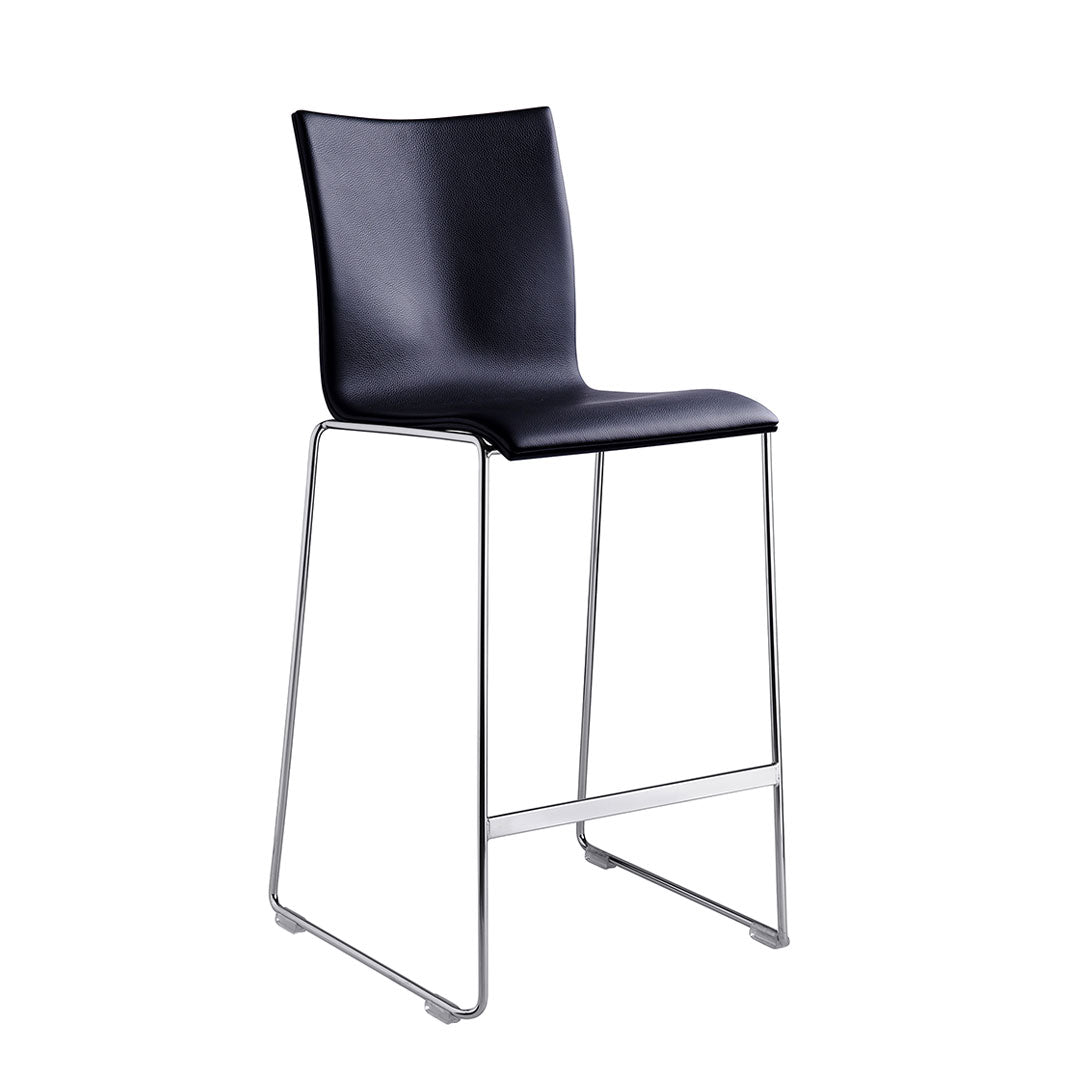 Black modern barstool with a sleek design and chrome-finished legs. Ideal for contemporary spaces.