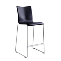 Black modern barstool with a sleek design and chrome-finished legs. Ideal for contemporary spaces.