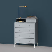 Gray five-drawer dresser with a modern design and sleek white legs against a dark blue wall, topped with a gold lamp.