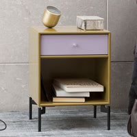 Modern nightstand in olive green and lavender, featuring a minimalist design with sleek black legs.