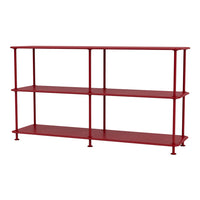 Red metal shelving unit with three open shelves and a sleek, minimalist design. Perfect for vibrant decor.