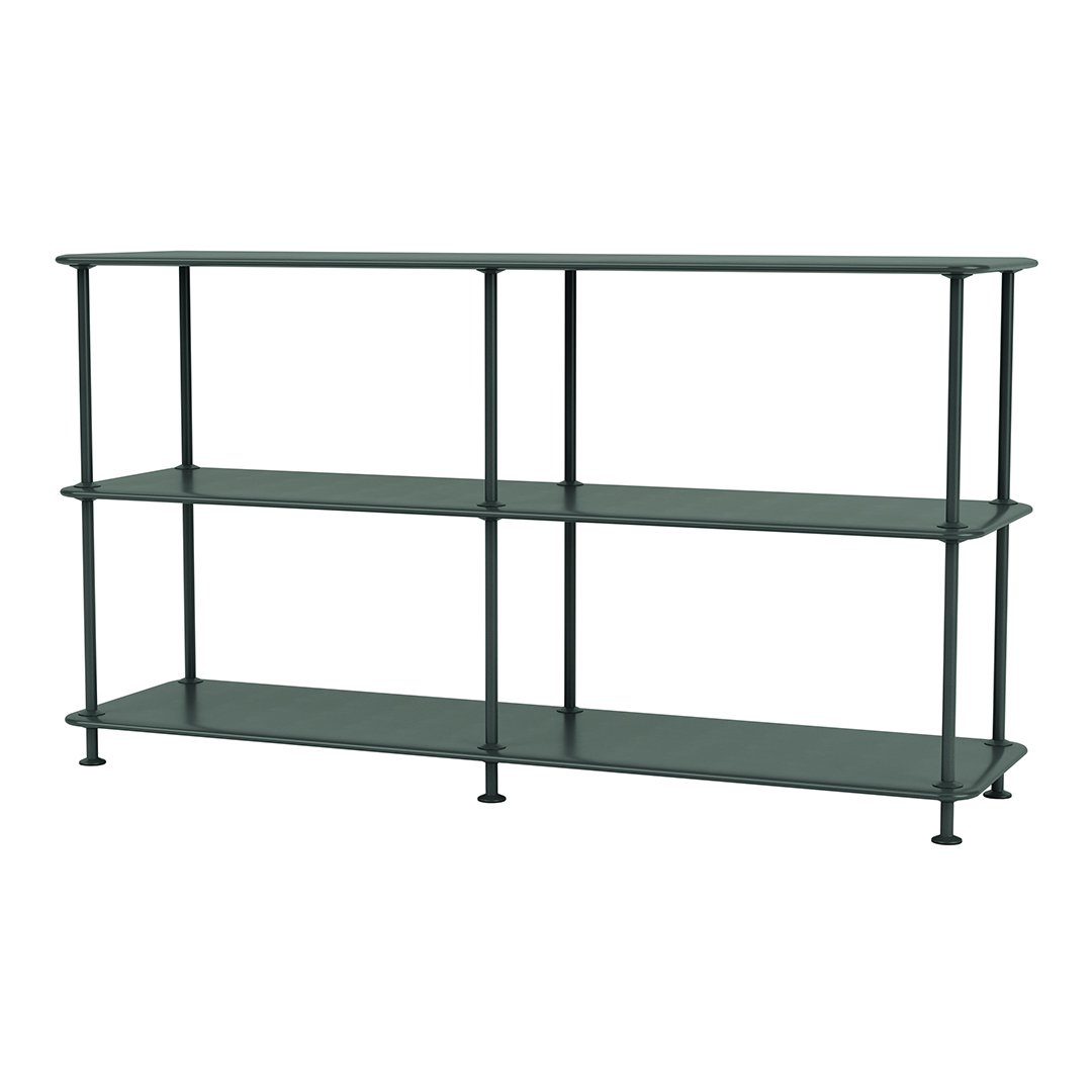 Dark green metal shelving unit with three open shelves, featuring a minimalist design and sturdy black legs.