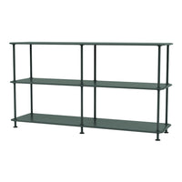 Dark green metal shelving unit with three open shelves, featuring a minimalist design and sturdy black legs.