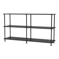 Black metal shelving unit with a sleek, minimalistic design and three spacious shelves for versatile storage.