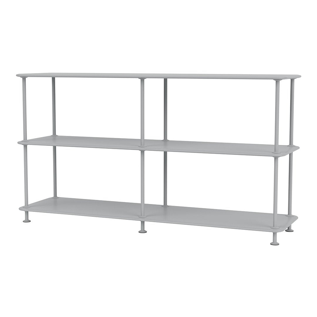 Gray metal shelving unit with clean lines and minimalist design, featuring three open shelves for versatile storage.