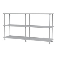Gray metal shelving unit with clean lines and minimalist design, featuring three open shelves for versatile storage.